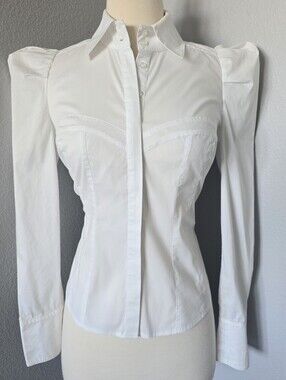 Bebe White Fitted Corset Puff Sleeve Button Up Office Siren Corporate Top Smythe